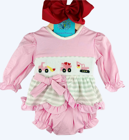VALENTINES DAY CONSTRUCTION HEARTS - HAND SMOCKED - GIRL BLOOMER SET