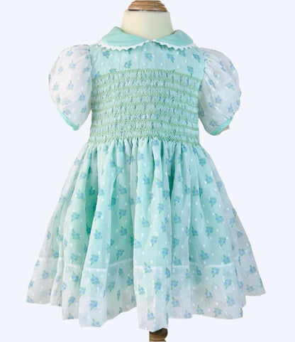 JENNY’S MINT CHIFFON SWISS DOT ROSE HAND SMOCKED DRESS