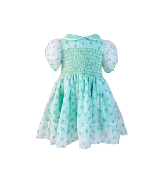 Mint green smocked bodice baby dress with sheer white puff sleeves and a blue floral print overlay skirt, isolated on a white background.