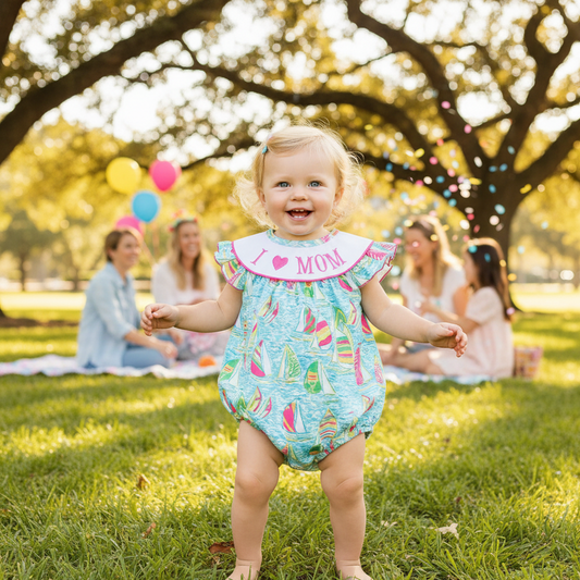 GREEN SAILBOAT LOVE I LOVE MOM EMBROIDERY GIRL BUBBLE