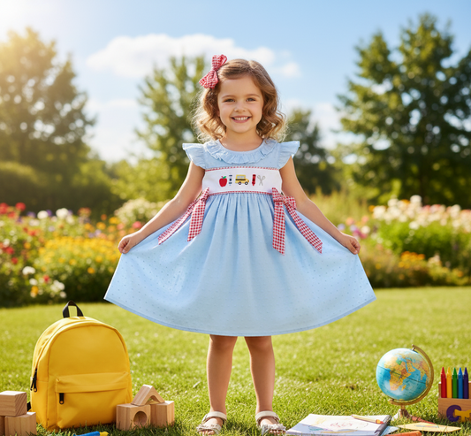 BACK TO SCHOOL SWISS DOT DRESS - EMBROIDERED