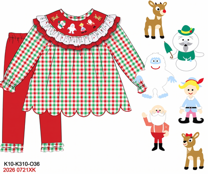Girl's Hand Smocked Rudolph Christmas Plaid Pant Set