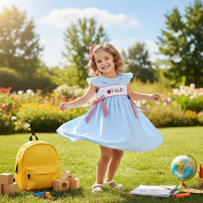 BACK TO SCHOOL SWISS DOT DRESS - EMBROIDERED