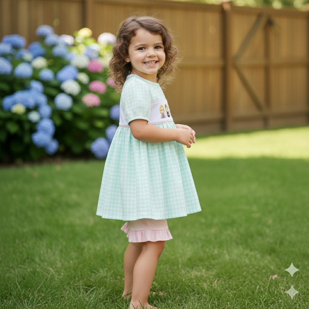MAGICAL - BLUE PRINCESS EMBROIDERY GIRL GINGHAM SHORTS SET