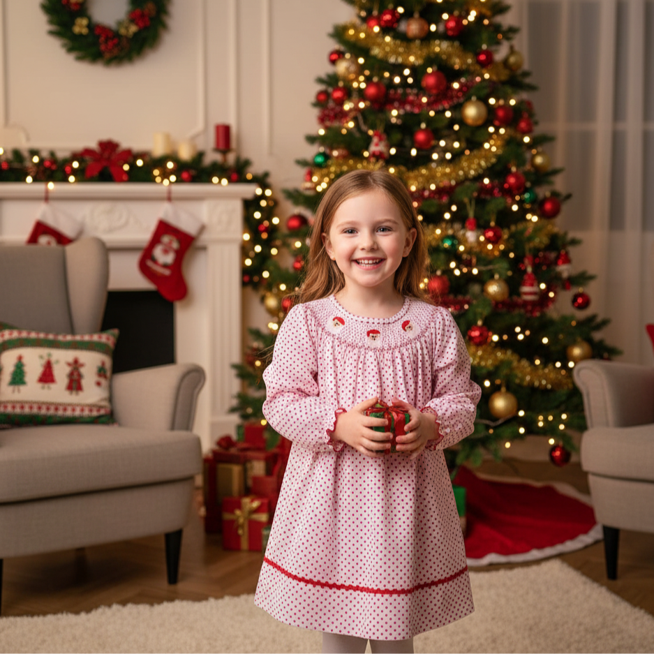 CHRISTMAS - SMOCKED SANTA DRESS POLKA DOT