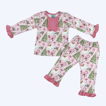 Vintage Pink Santa With Christmas Tree Holiday Gift Box Pajama Set