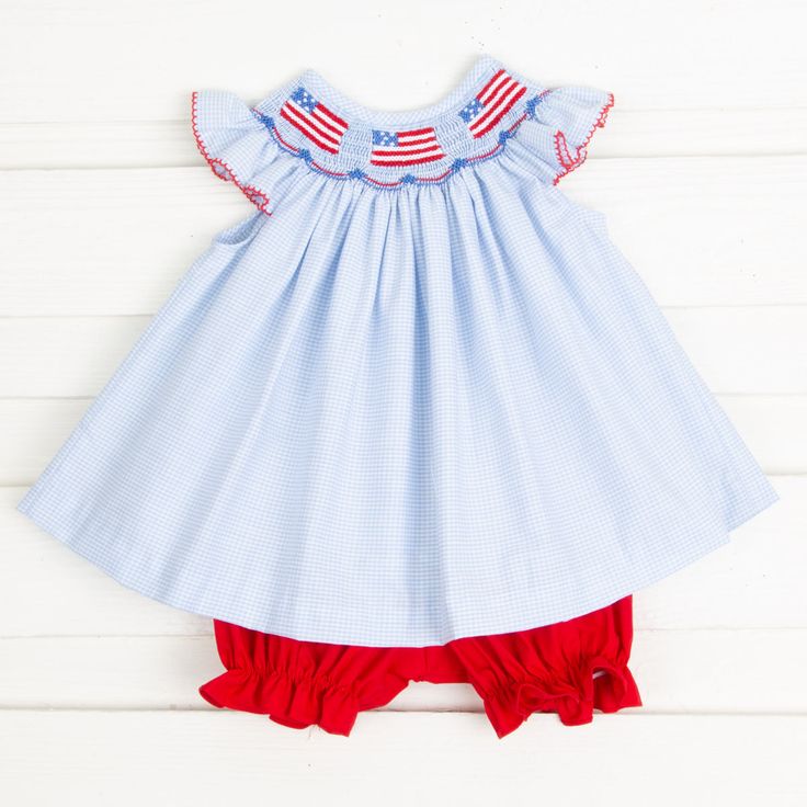 Patriotic Hand smocked American flag bubble set 12mo