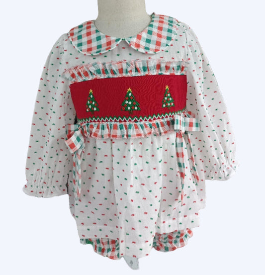 GIRLS HAND SMOCKED SWISS DOT CHRISTMAS TREE BLOOMER SET