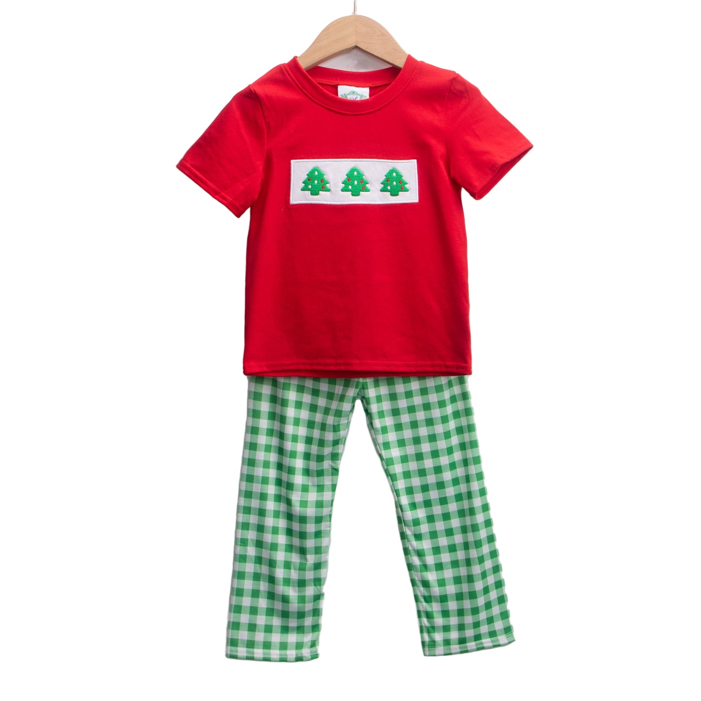Embroidered Christmas Tree Trio Boys outfit with red t-shirt and green gingham pants.