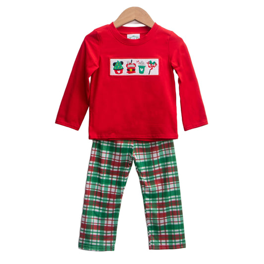 Smocked Boys Christmas Magical Character Treats – Red Top & Plaid Pants Set