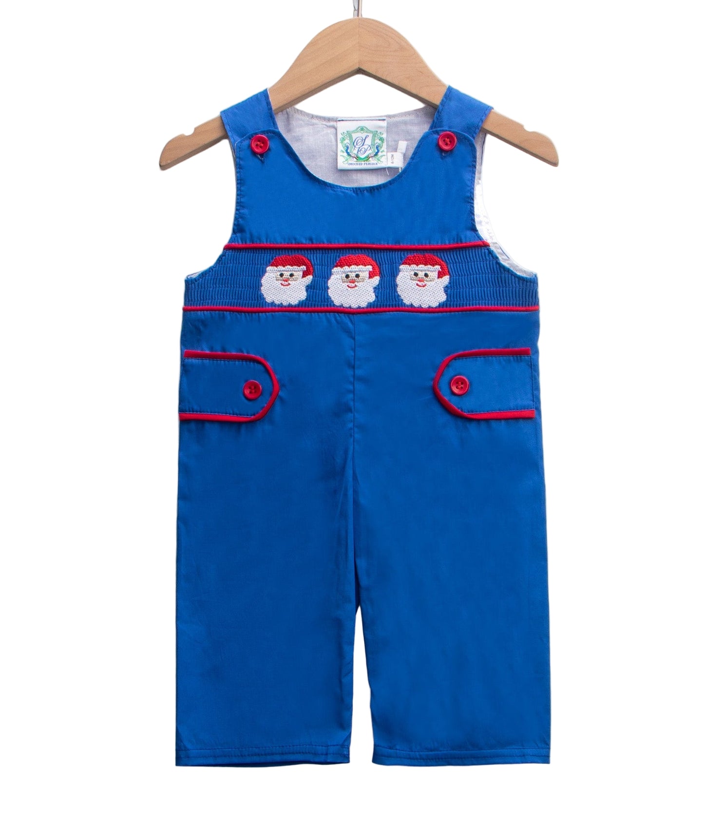 Boys Navy Blue Santa Smocked Christmas Jon Jon with red piping and embroidered Santa faces.