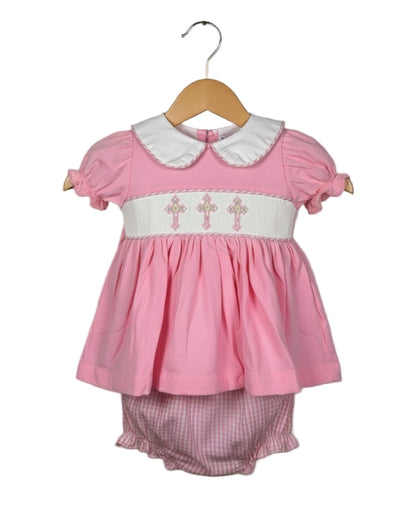 PINK CROSSES HAND SMOCKED DIAPER SET 2 PC
