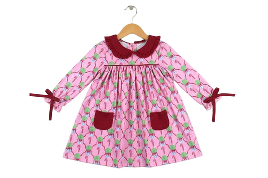 Christmas Chinoiserie Pink Candy Cane Long Sleeve Dress