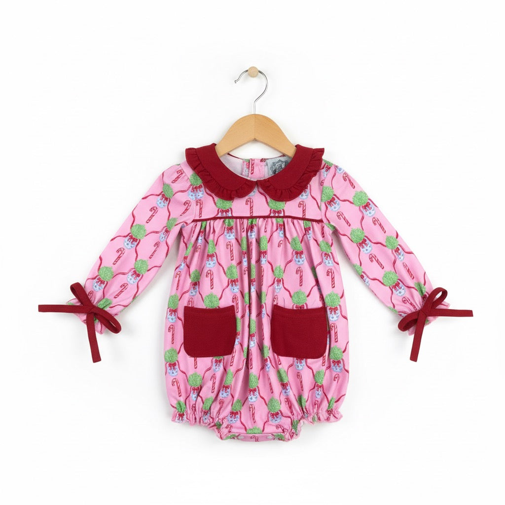 Christmas Chinoiserie Pink Candy Cane Long Sleeve Bubble