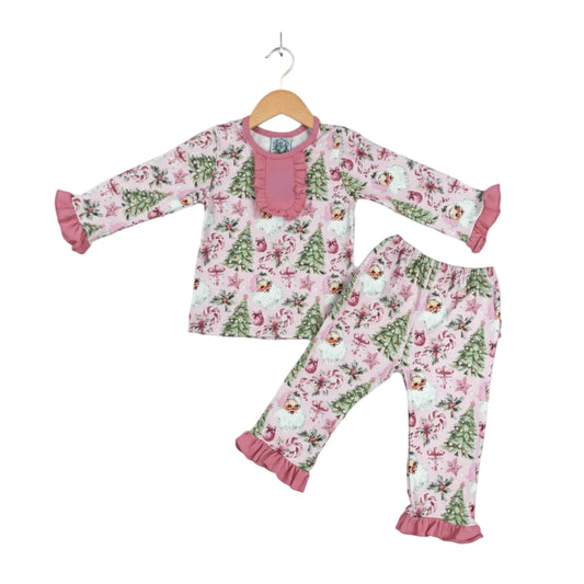Vintage Pink Santa With Christmas Tree Holiday Gift Box Pajama Set