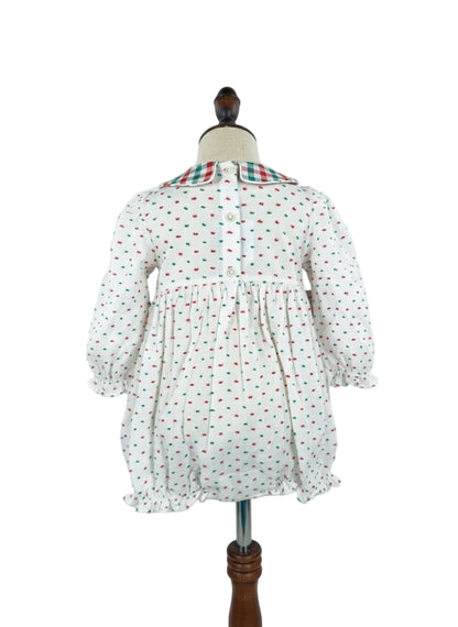 Back image of Girls Hand Smocked Swiss Dot Christmas Tree Bubble romper featuring a red smocked bodice with embroidered trees and a plaid Peter Pan collar.