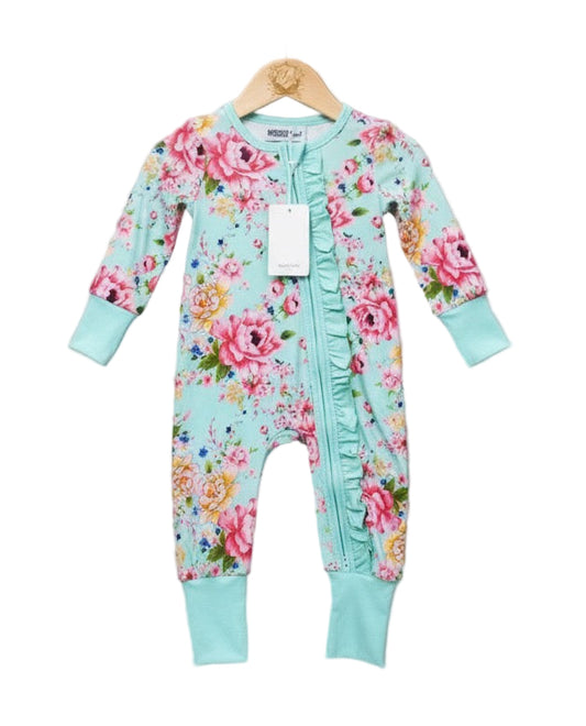 Teal Floral Ruffle Butt Sleeper With Hand And Footie Covers Zippy
