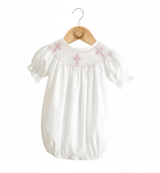 Hand Smocked Pink Hand Embroidered Crosses Girl White Bubble With 360 Embroidery