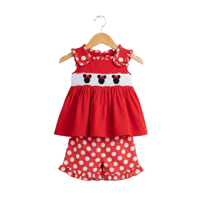 Hand Smocked Magical Bow Mouse - Red Polka Dot Shorts Set