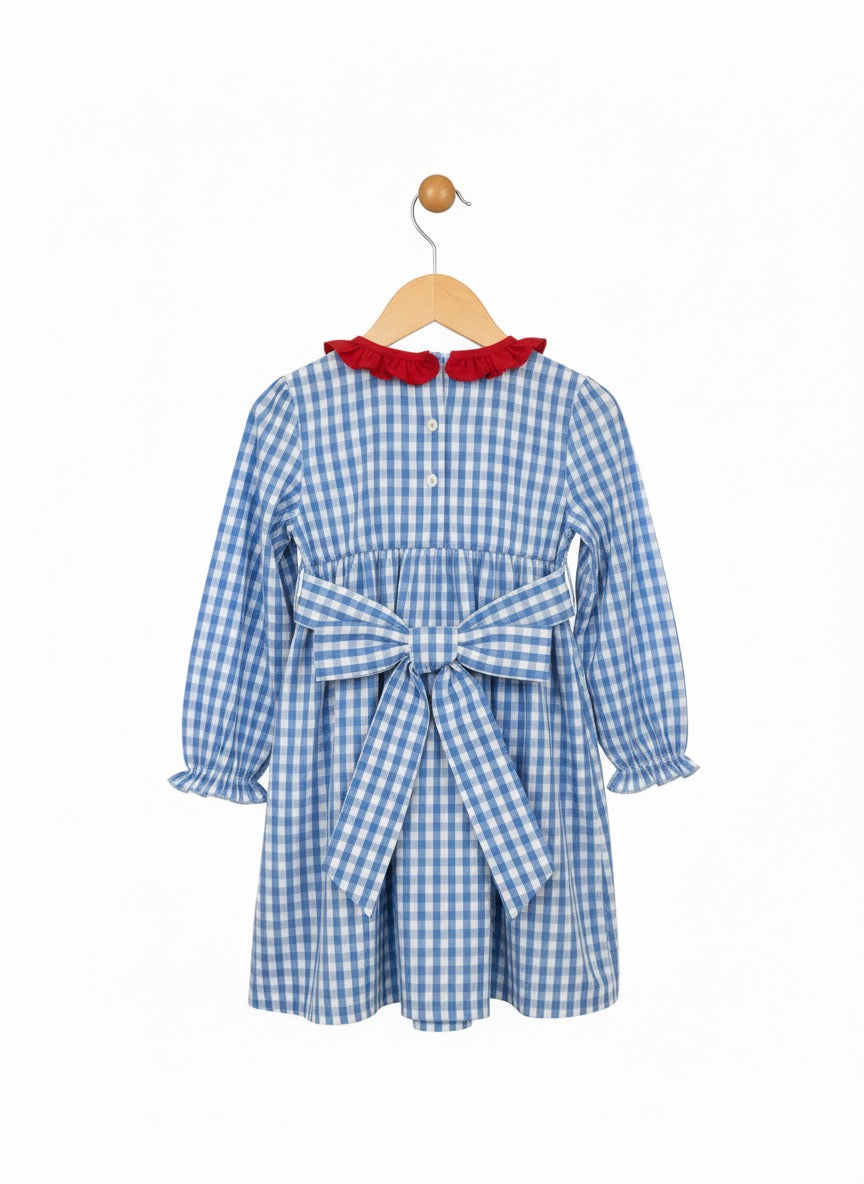 A back view of a blue and white gingham check dress for a child, hanging on a wooden hanger against a plain white background. The dress features a red ruffled collar, long sleeves with ruffled cuffs, a gathered waist, and a large matching gingham bow tied at the back. The back bodice has a button closure.