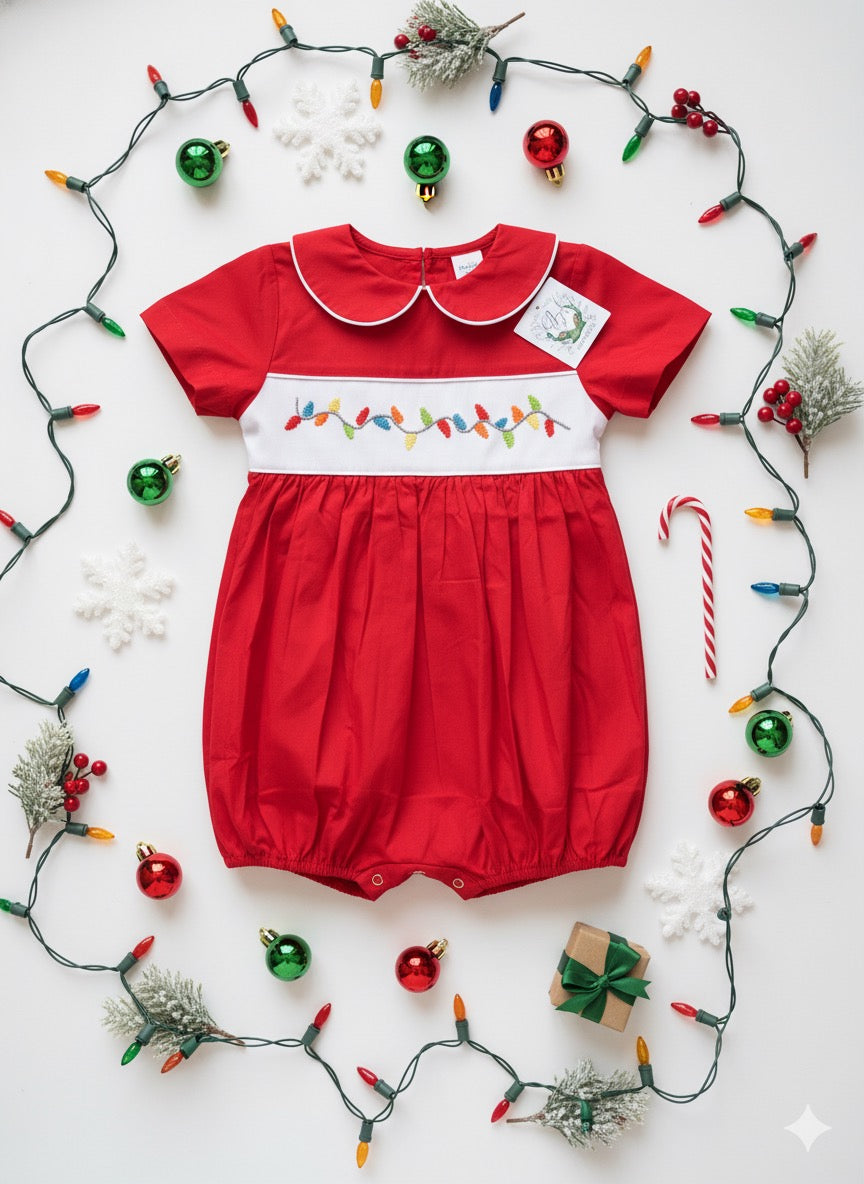 Boys Hand Smocked String Christmas Lights Bubble