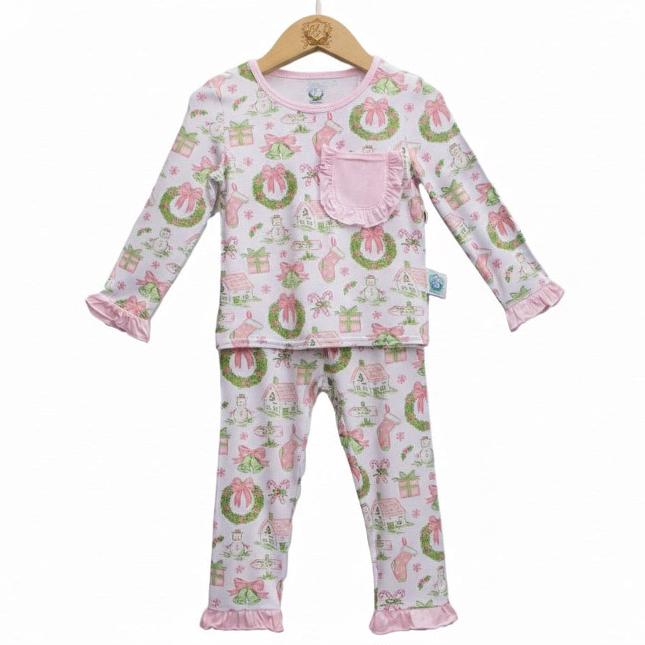 Girls Pastel Watercolor Grandmillennial Christmas Bamboo Long Sleeve Pajama Set