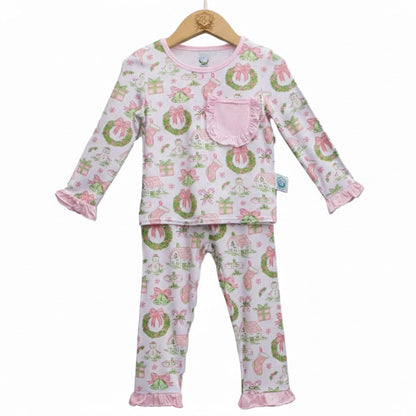 Girls Pastel Watercolor Grandmillennial Christmas Bamboo Long Sleeve Pajama Set