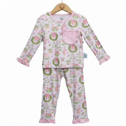 Girls Pastel Watercolor Grandmillennial Christmas Bamboo Long Sleeve Pajama Set