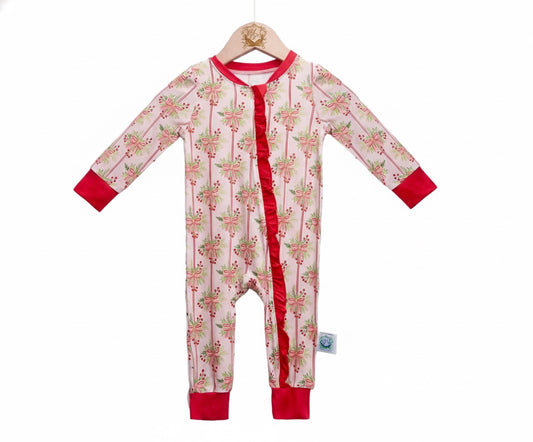 Girls Christmas Classic Holly Berry Bamboo Zippie – Red & Pink Bow Print