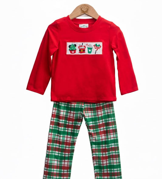 Smocked Boys Christmas Magical Character Treats – Red Top & Plaid Pants Set