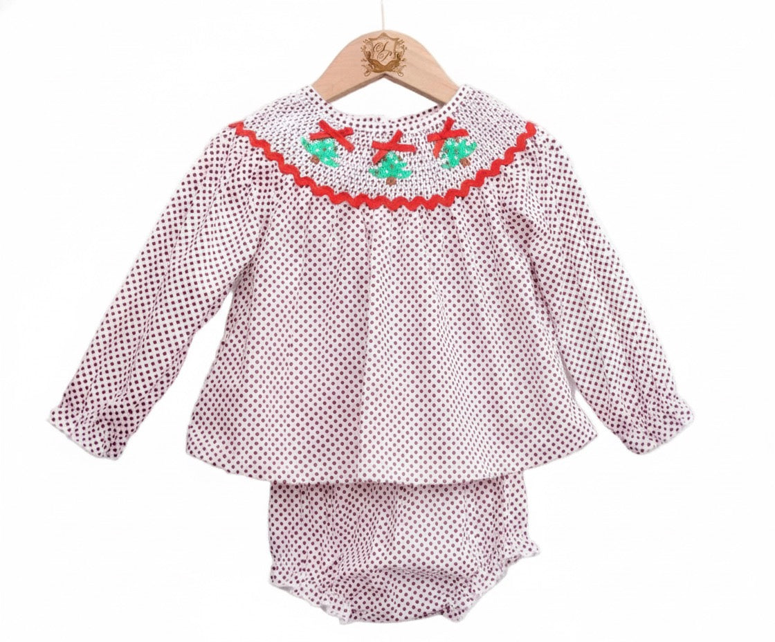 Girls Christmas Smocked Bloomer Set – Red Polka Dot With Tree Embroidery