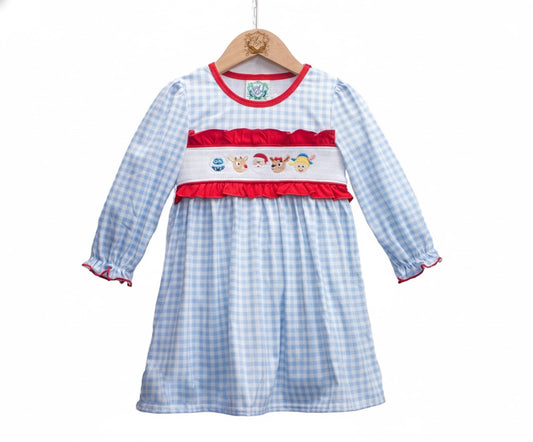 Smocked Baby Girls Smocked Blue Gingham Rudolph, Elf, Snowman Christmas Dress With Red Bows And Character