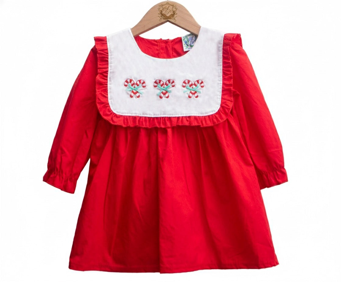 Girls Embroidered Candy Cane Christmas Dress