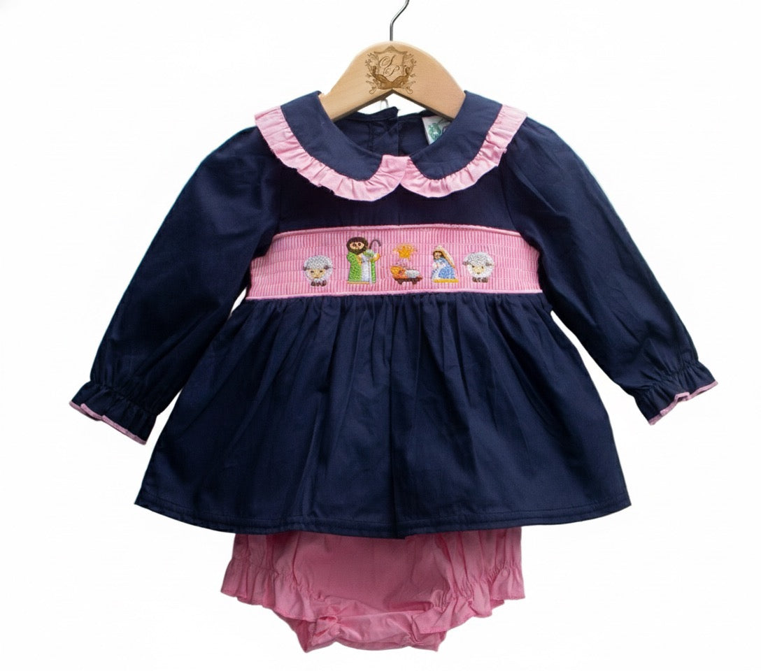 Baby Girls Smocked Navy Nativity Christmas Diaper Set With Peter Pan Collar Machine Smocked