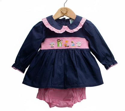 Baby Girls Smocked Navy Nativity Christmas Diaper Set With Peter Pan Collar Machine Smocked