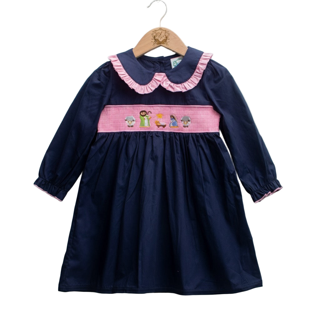 Girls Smocked Navy Nativity Christmas Dress With Peter Pan Collar Machine Smocked