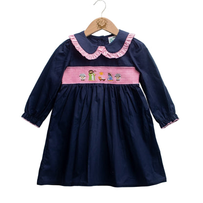 Girls Smocked Navy Nativity Christmas Dress With Peter Pan Collar Machine Smocked