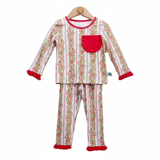 Girls Peppermint Bow Grandmillennial Traditional Christmas Bamboo Long Sleeve Pajama Set