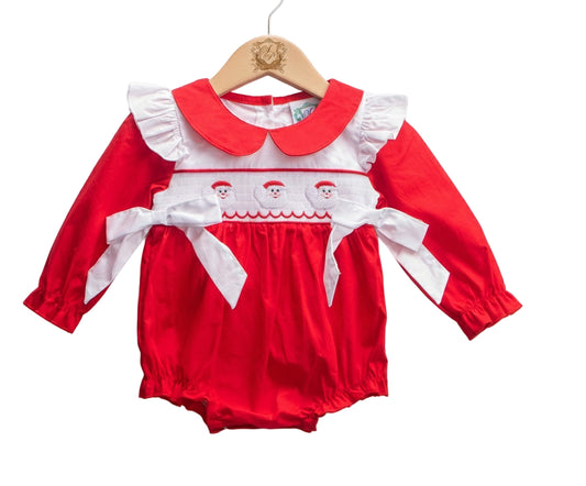 Baby Girls Smocked Santa Red Machine Smocked Ruffle Bubble