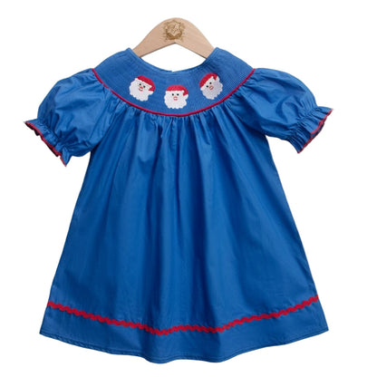 Girls Navy Blue Santa Smocked Christmas Dress With Puff Sleeves