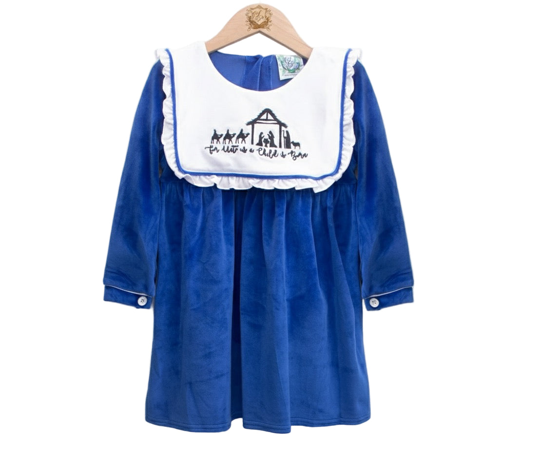 For Unto Us A Child Is Born - Nativity - Velour Blue Christmas Dress
