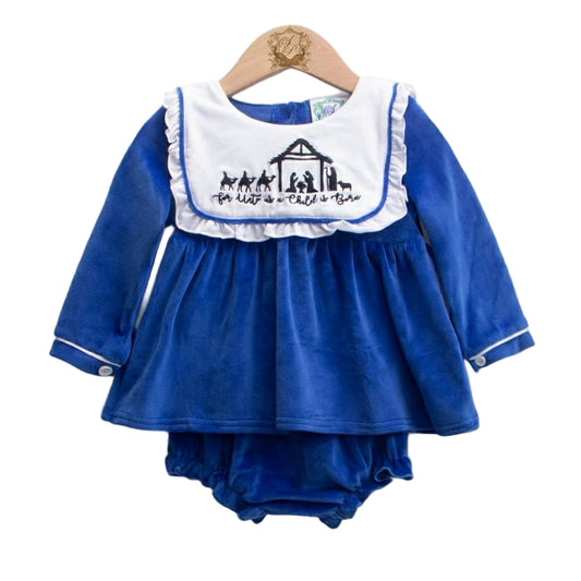 For Unto Us A Child Is Born - Nativity - Velour Blue Christmas Bloomer Set
