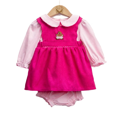 Girls Pink Corduroy Applique Gingerbread Diaper Set With Long Sleeve Top