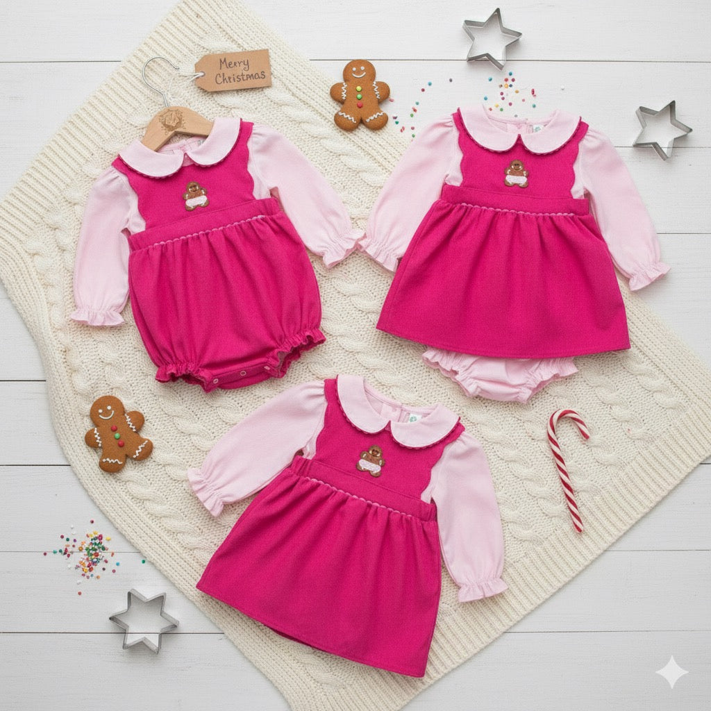 Girls Pink Corduroy Applique Gingerbread Diaper Set With Long Sleeve Top