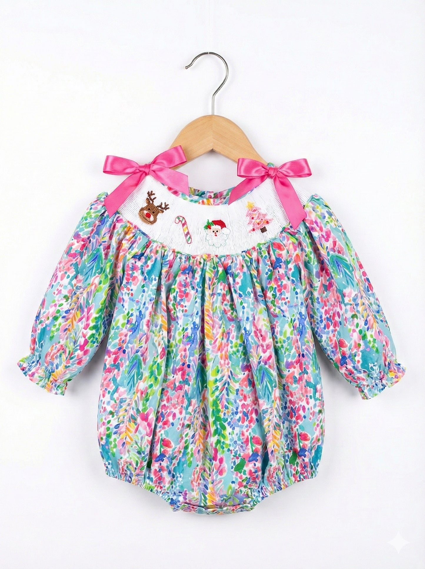 Girls Hand Smocked Hand Embroidered Tropical Palm Beach Santa Bubble