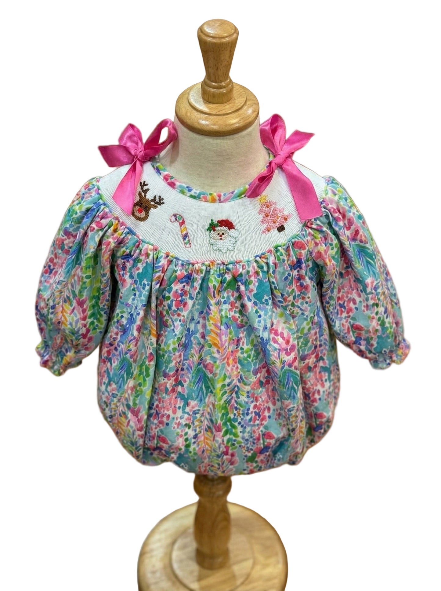 Girls Hand Smocked Hand Embroidered Tropical Palm Beach Santa Bubble