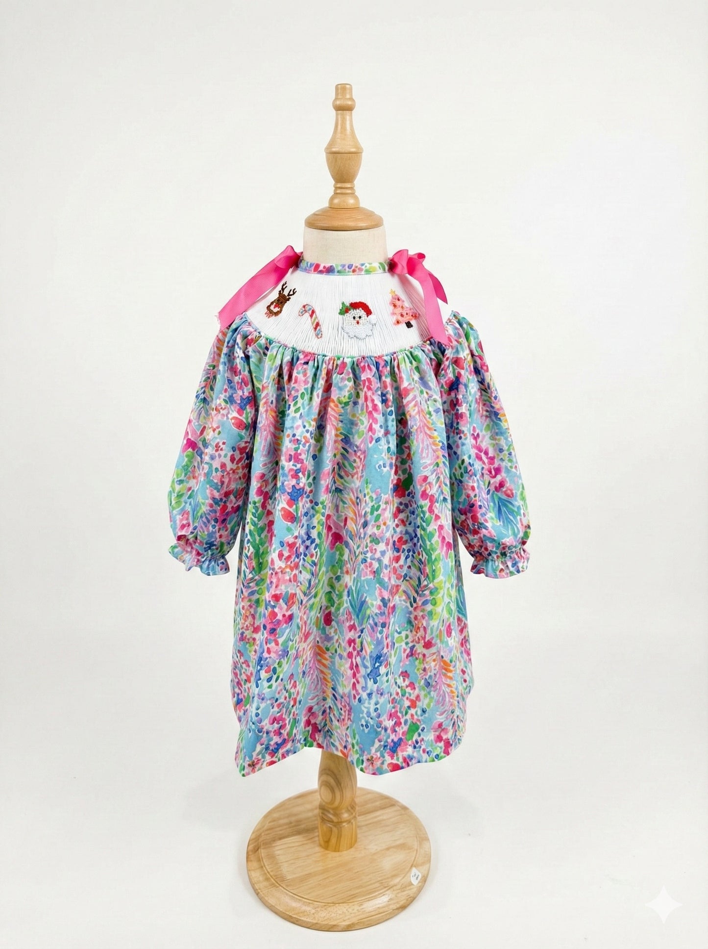 Girls Hand Smocked Hand Embroidered Tropical Palm Beach Santa Dress