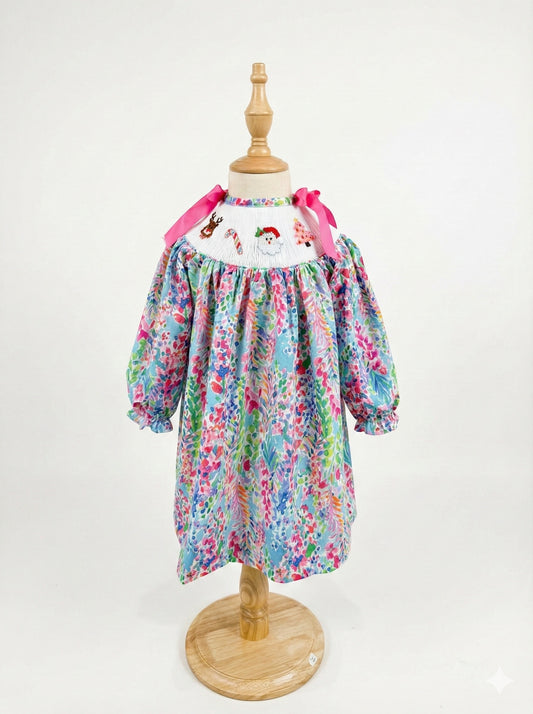 Girls Hand Smocked Hand Embroidered Tropical Palm Beach Santa Dress