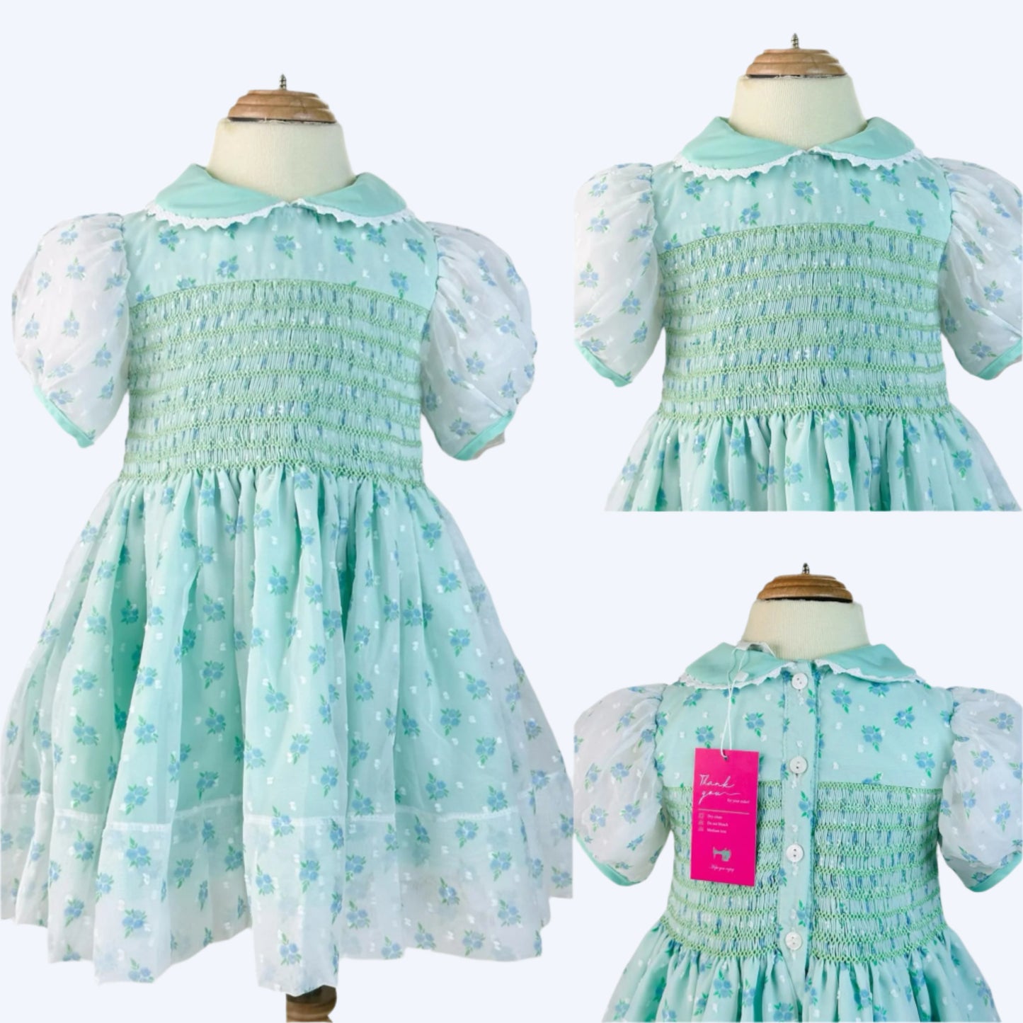 JENNY’S MINT CHIFFON SWISS DOT ROSE HAND SMOCKED DRESS