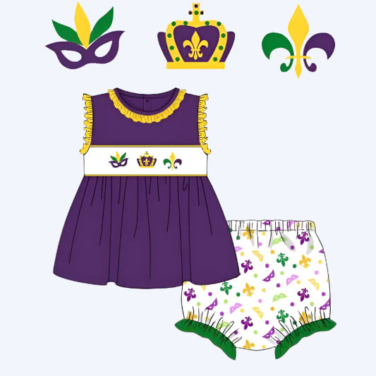 Mardi Gras - hand smocked girls bloomer set